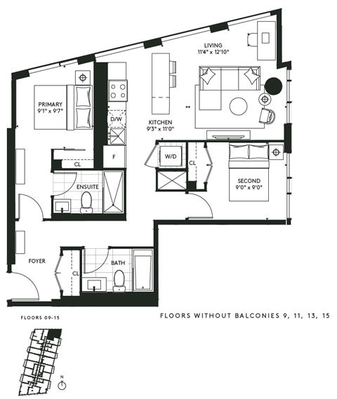 Floor plan for 2 beds, 2 baths, 835 sqft